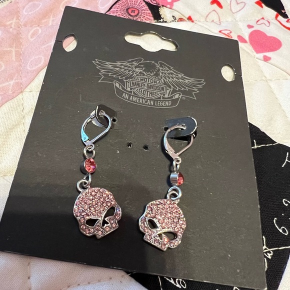 Harley-Davidson® Women's Earrings, PINK Bling Willie G Skull Dangles 💕 - Picture 2 of 7